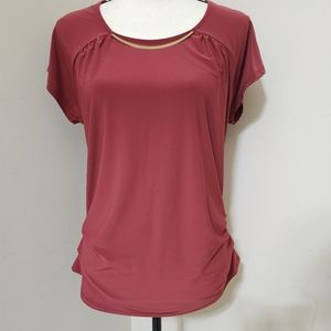 a.u.w Medium Short‎ Sleeve Smooth Stretch Blouse Brick Red Dressy Career Ruched